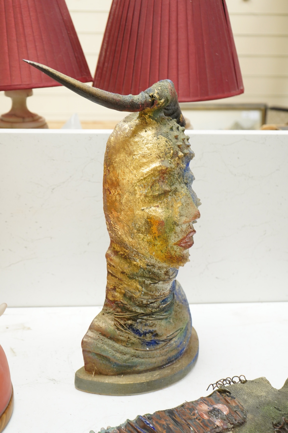Sylvia Belanger, coloured sand cast studio glass bust of a lady-49cm high.